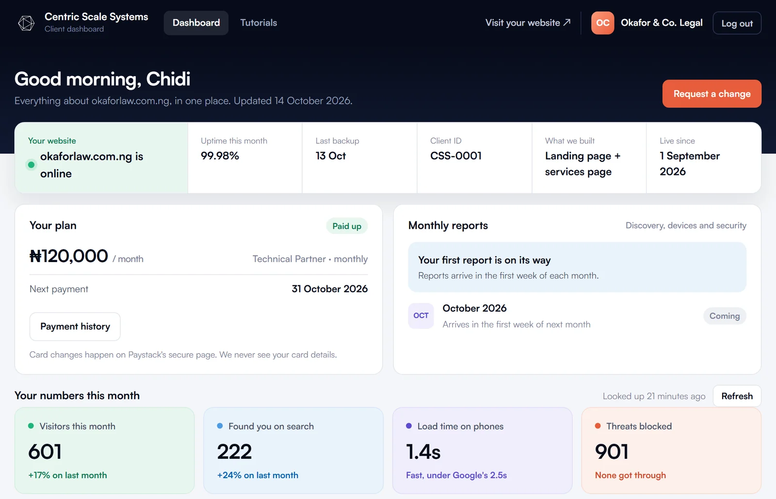 The client portal: website status, uptime, backups, the plan, monthly reports, visitors, how people found them, devices and the month's work